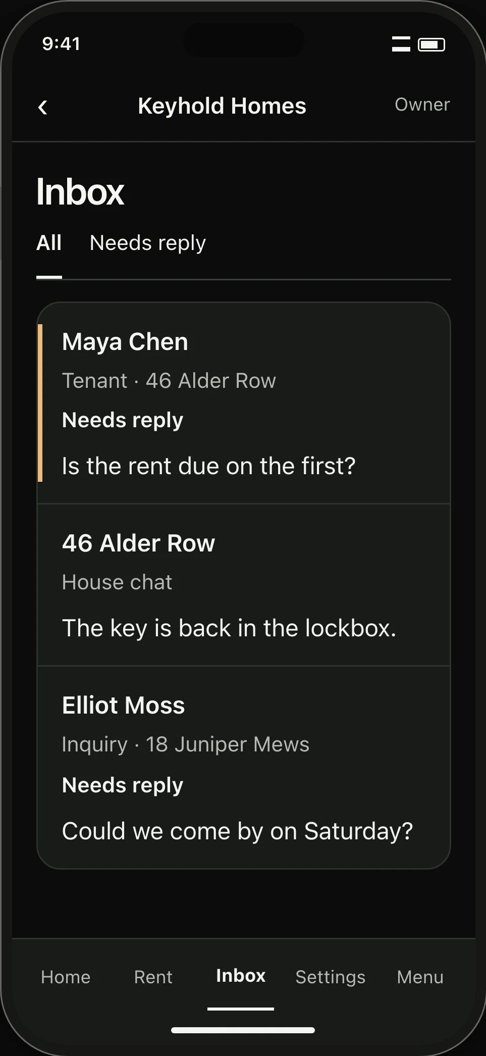 Inbox. A private tenant question, a house chat and a viewing inquiry appear together, with worded reply states.