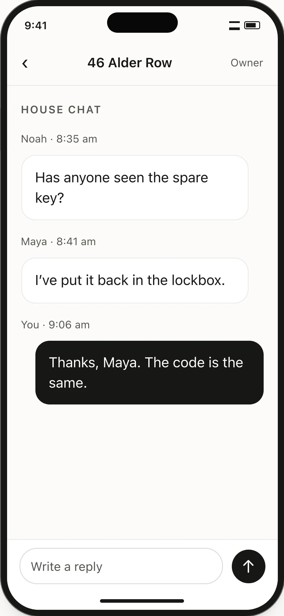 Household chat. Noah, Maya and their landlord exchange a note about the spare key.