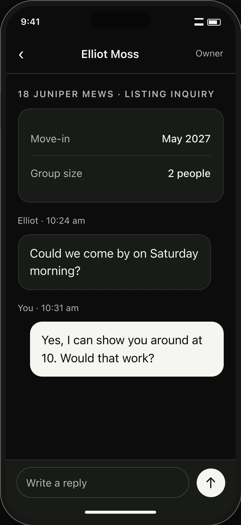 Viewing inquiry. The home, move-in timing, group size and conversation appear together.