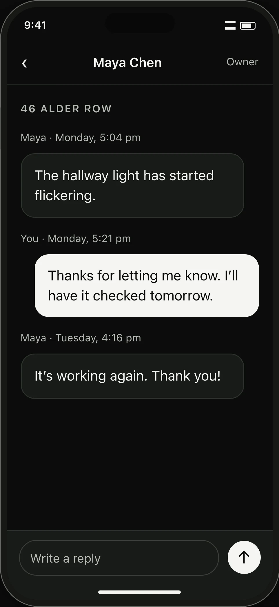 Private thread. A tenant’s hallway-light question and the owner’s response remain in message order.