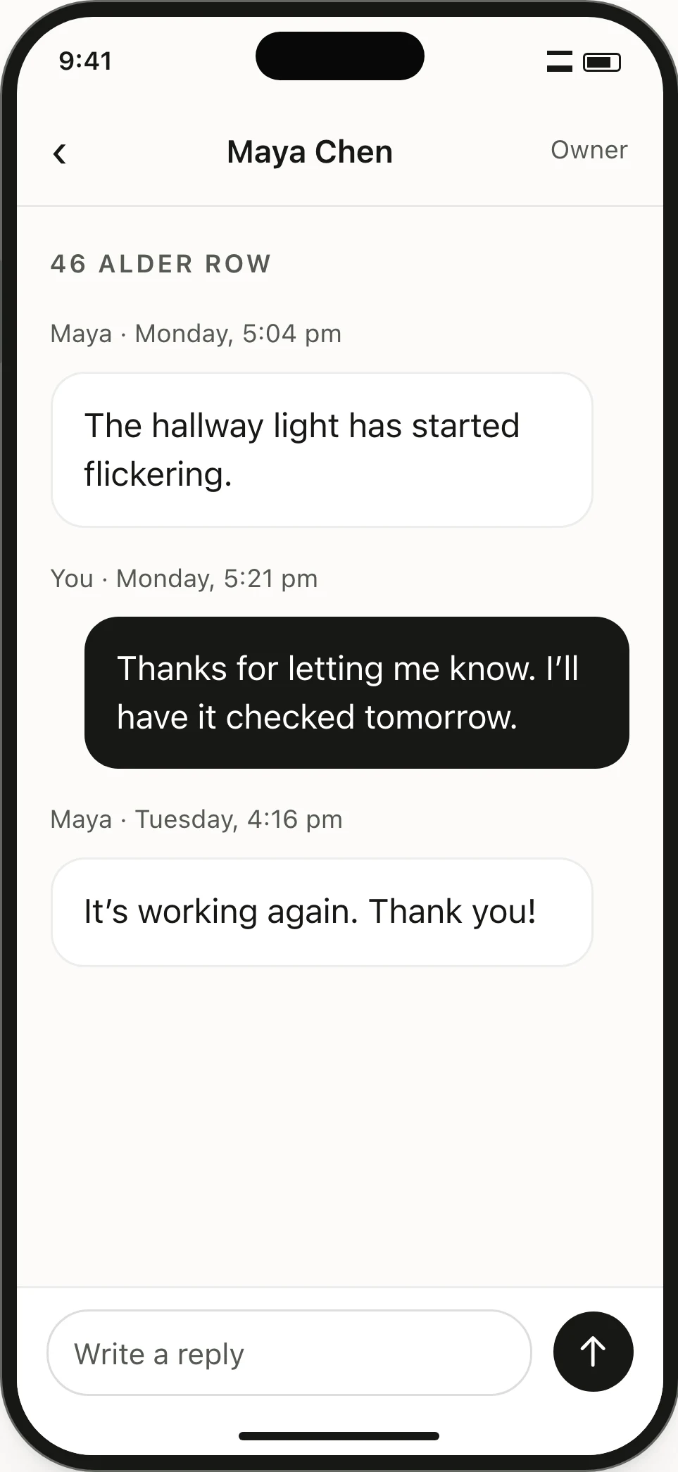 Private thread. A tenant’s hallway-light question and the owner’s response remain in message order.