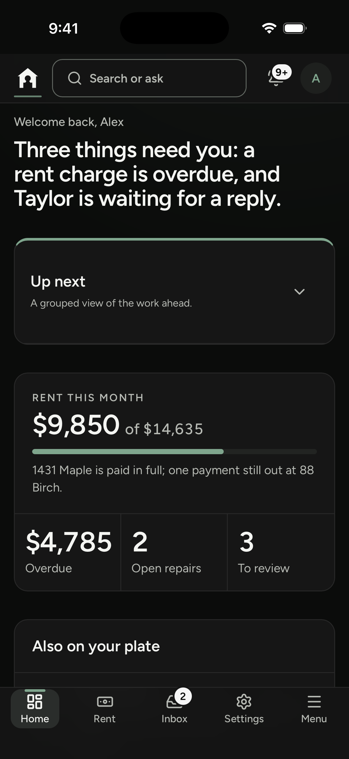 Keyhold on two phones: the owner home showing this month's rent, an overdue charge and a tenant waiting for a reply, the inbox behind it, and a Portfolio totals card with the year's spend by category.