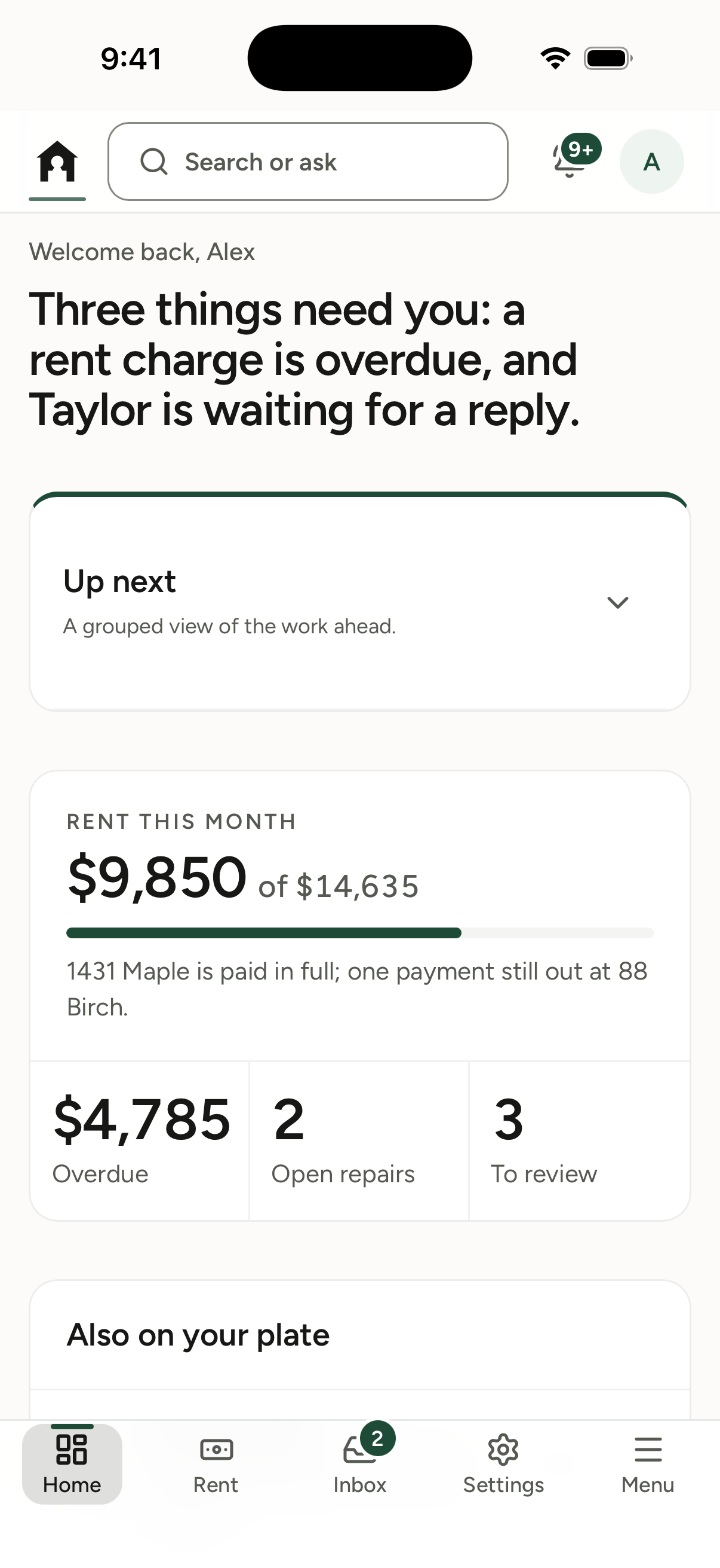 Keyhold on two phones: the owner home showing this month's rent, an overdue charge and a tenant waiting for a reply, the inbox behind it, and a Portfolio totals card with the year's spend by category.