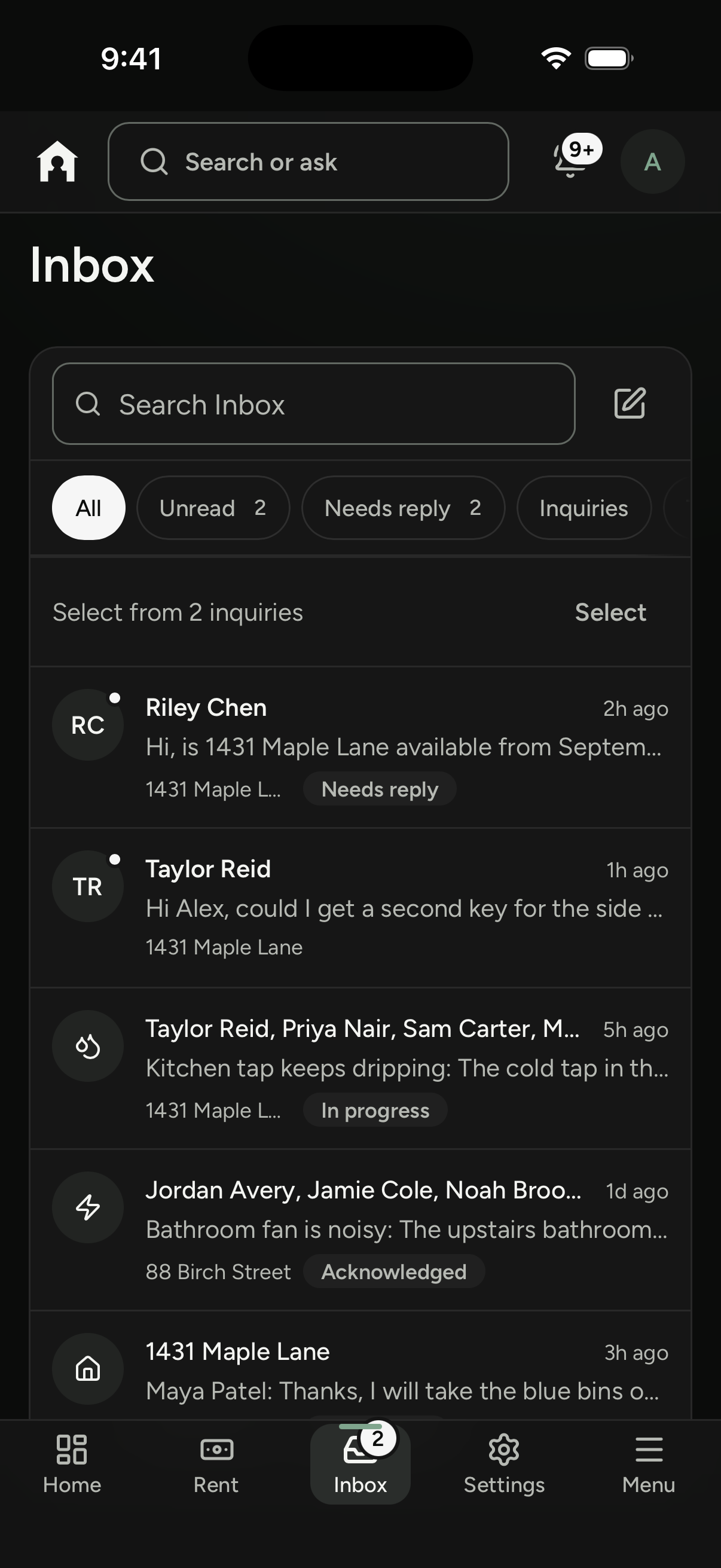 Keyhold on two phones: the owner home showing this month's rent, an overdue charge and a tenant waiting for a reply, the inbox behind it, and a Portfolio totals card with the year's spend by category.