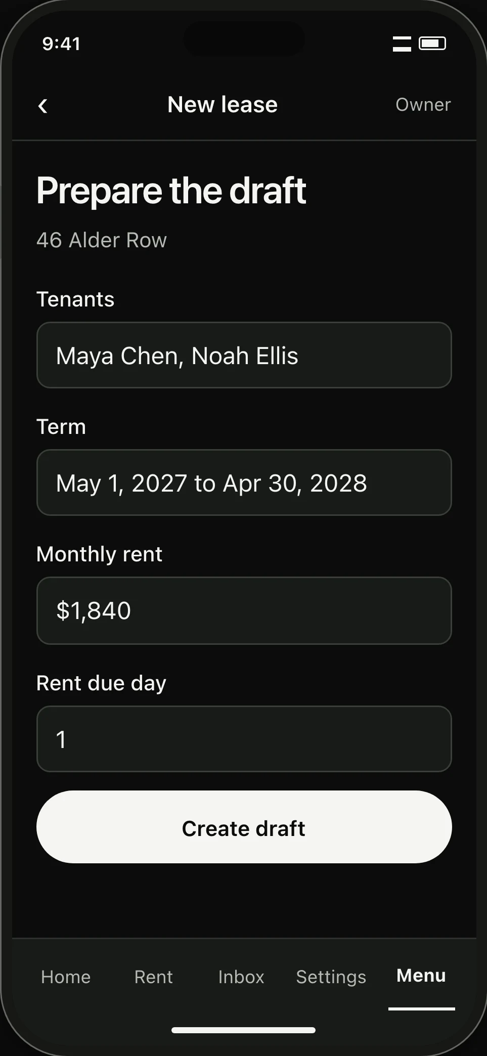 New-lease form populated from a tenancy: two tenants, the term, monthly rent and due day.