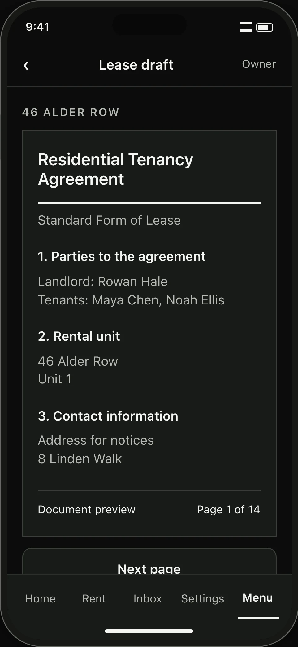Lease-document preview showing the parties and rental unit, with page navigation and a way back to the draft.