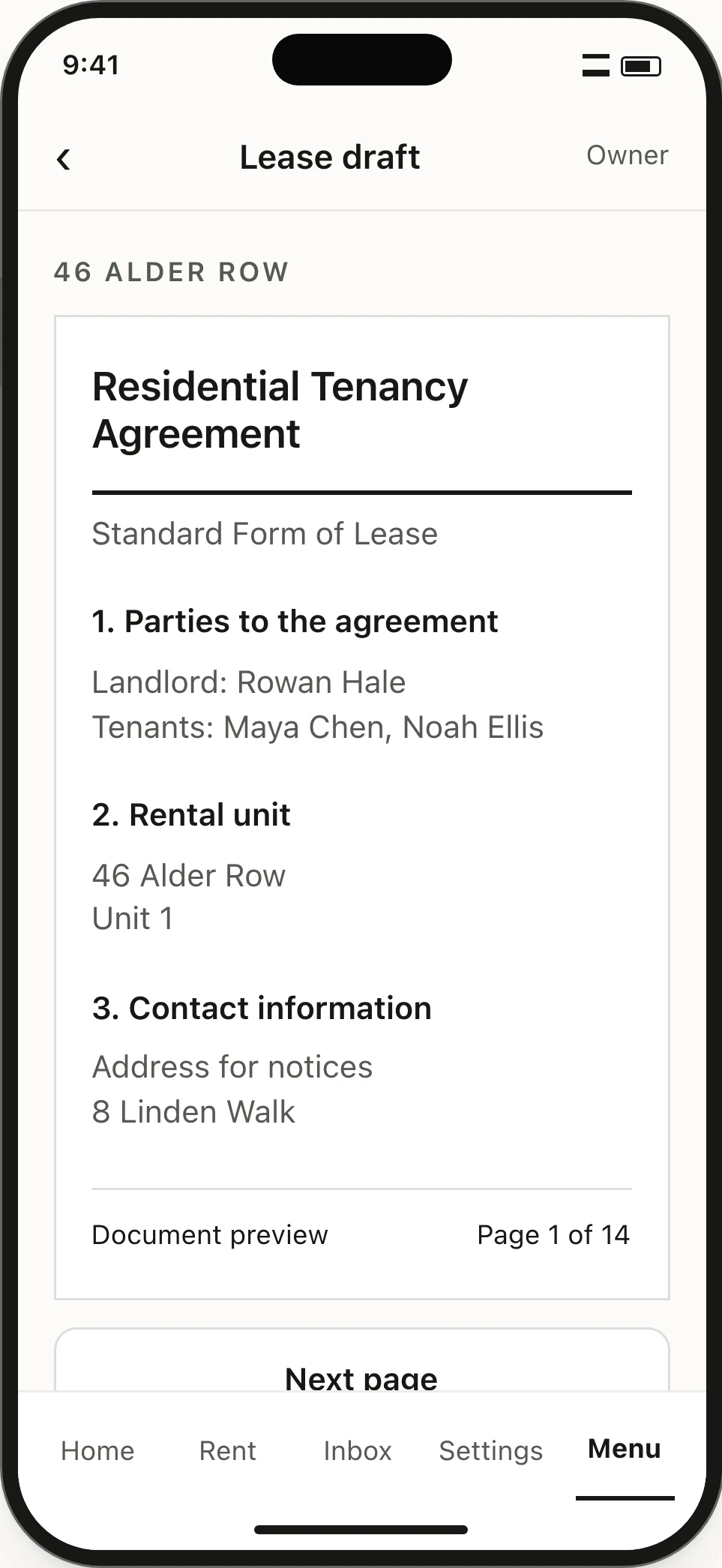 Lease-document preview showing the parties and rental unit, with page navigation and a way back to the draft.