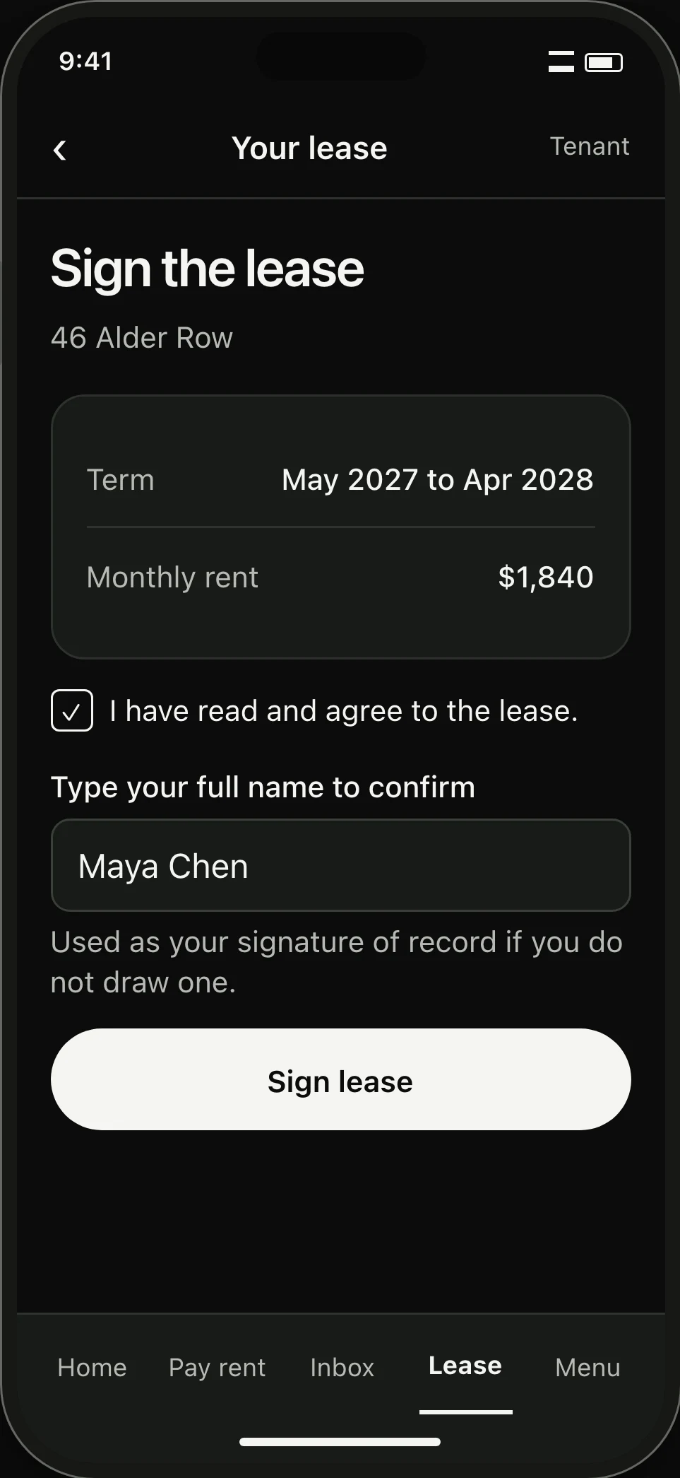 Tenant signing panel. Maya has reviewed the lease, checked the agreement and entered her full name; signing has not yet been submitted.
