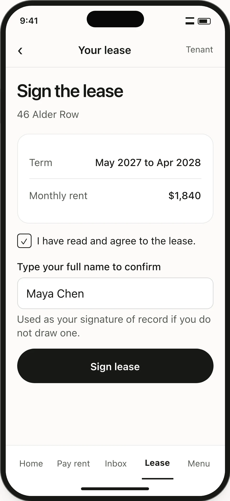 Tenant signing panel. Maya has reviewed the lease, checked the agreement and entered her full name; signing has not yet been submitted.