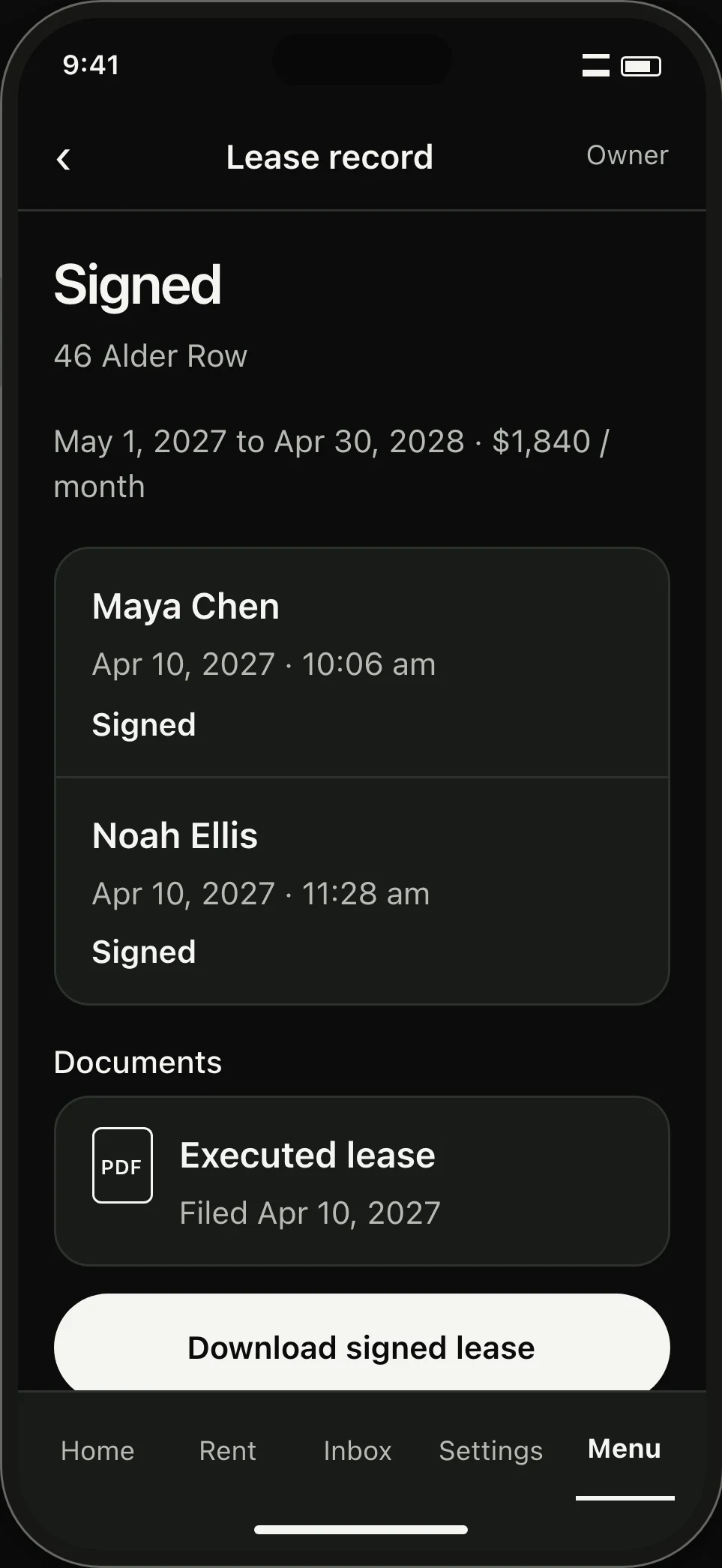 Completed lease record. Both tenants have signed, timestamps are retained and the executed copy is available in Documents.