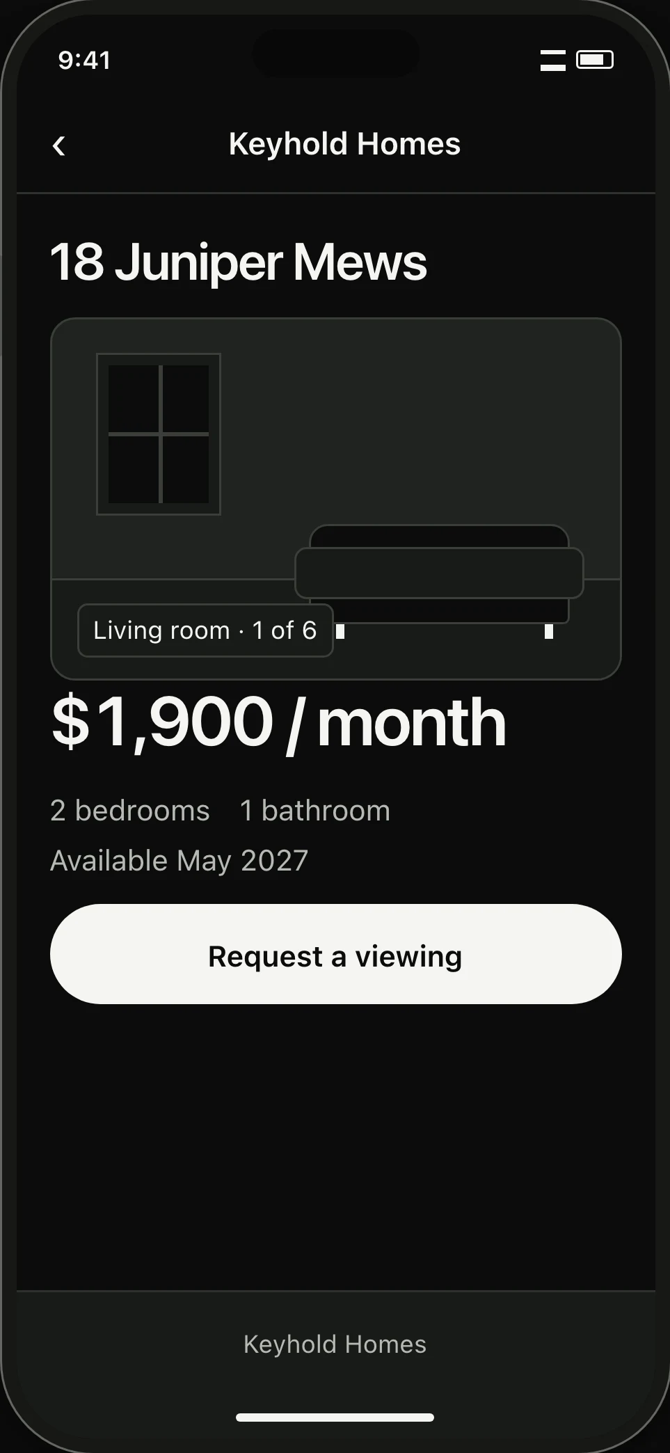 Public listing for 18 Juniper Mews. A schematic living-room gallery accompanies the rent, bedroom count and availability.