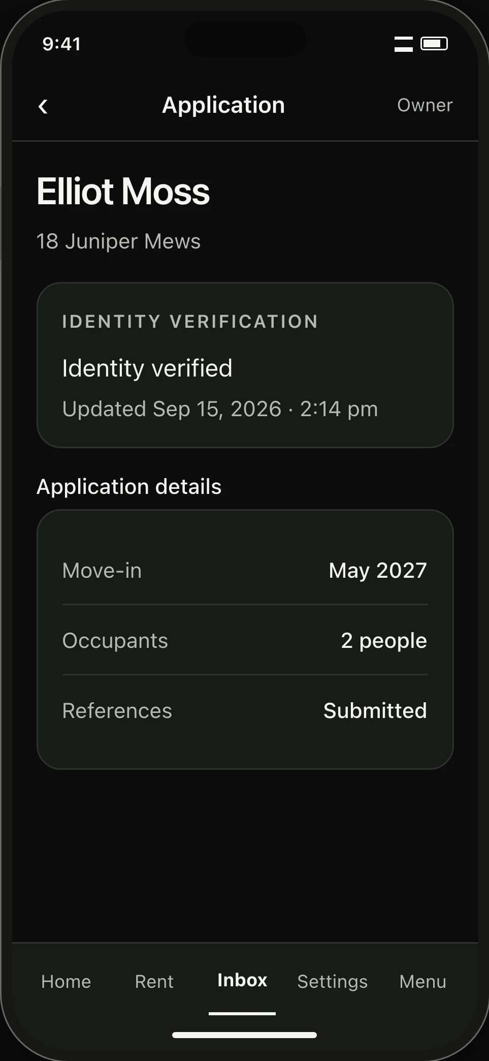 Owner application. A provider’s identity-verification result is shown alongside the application rather than as an application decision.