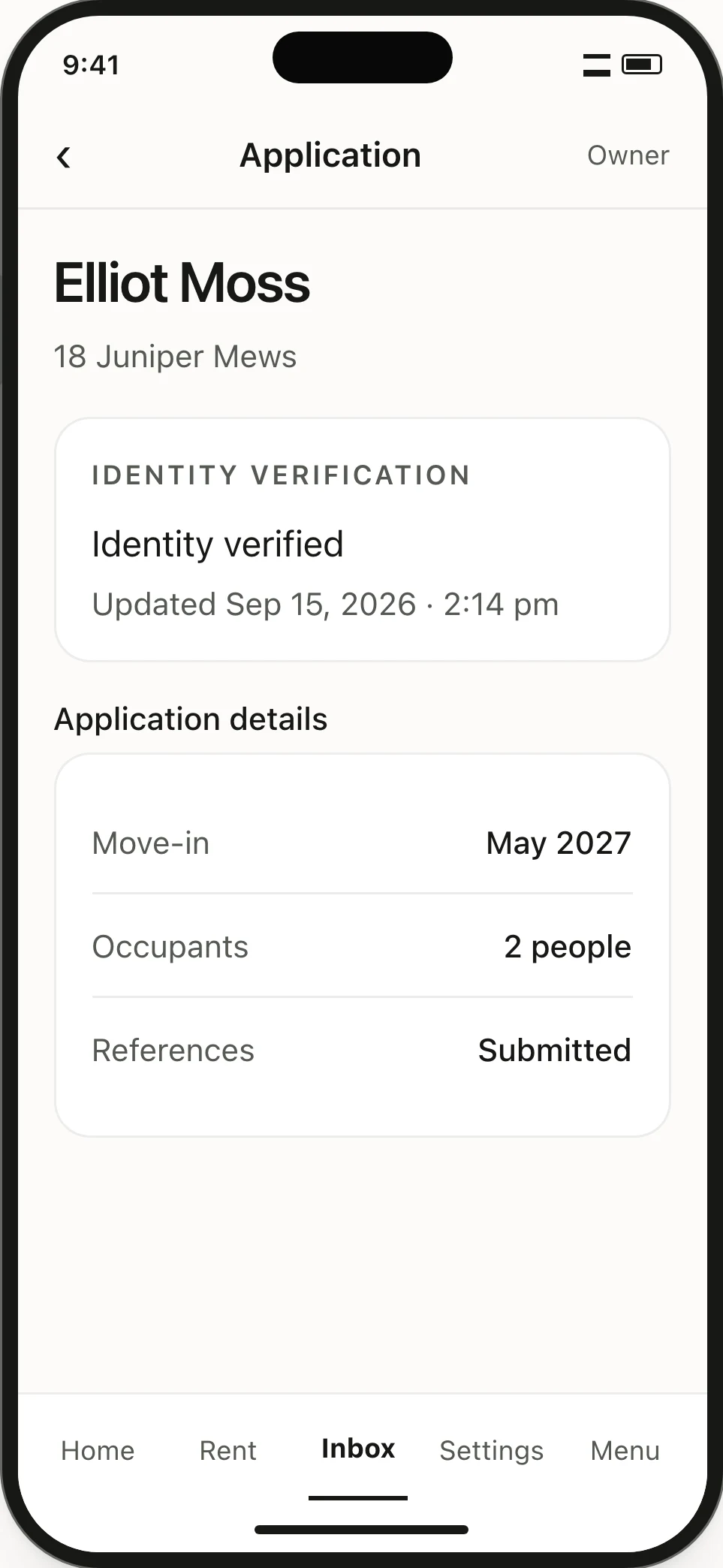 Owner application. A provider’s identity-verification result is shown alongside the application rather than as an application decision.