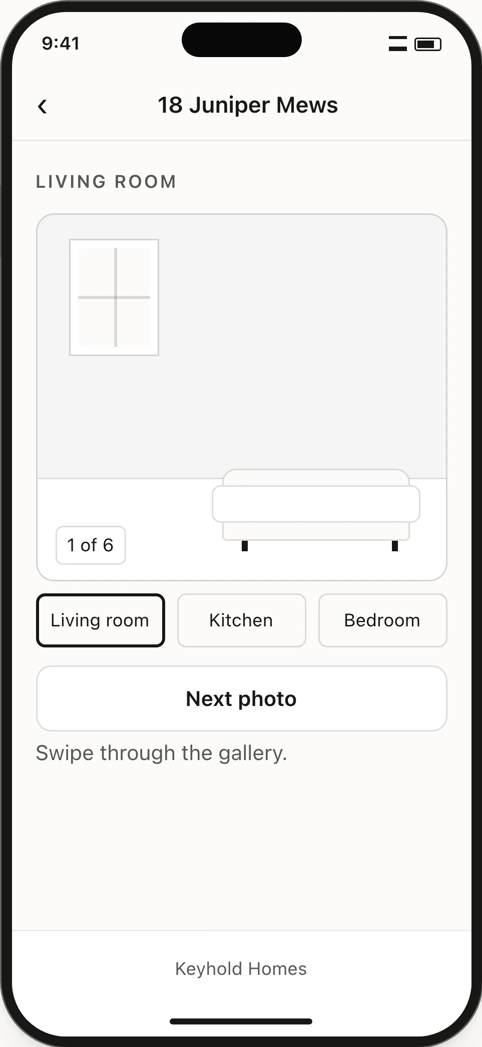 Listing gallery. A living-room view with room thumbnails and photo navigation.