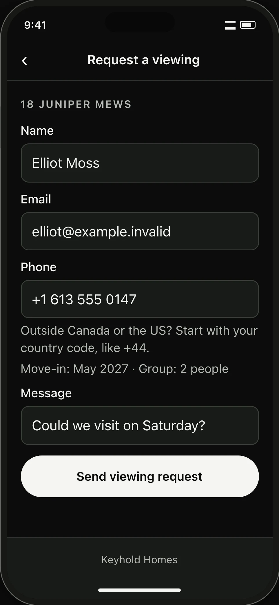 Viewing request with a name, email, telephone number, move-in month, group size and message.