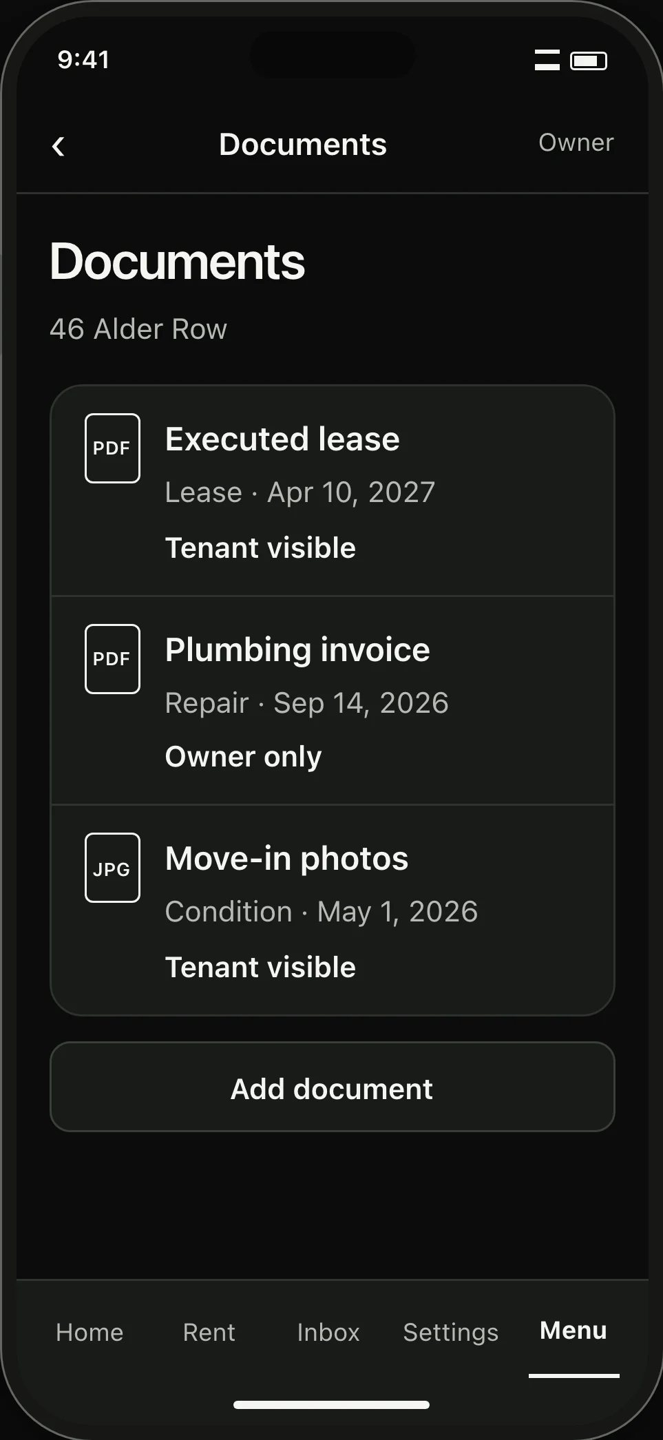 Documents list for one home. The signed lease and move-in photos are tenant-visible; the plumbing invoice is owner-only.