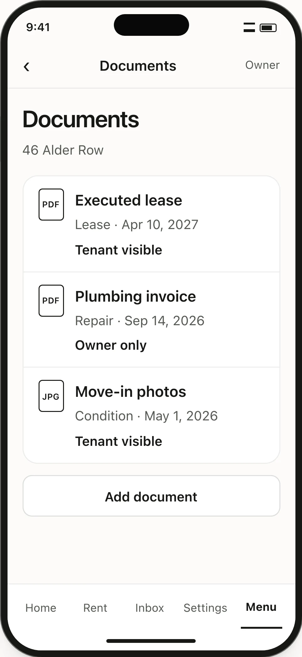 Documents list for one home. The signed lease and move-in photos are tenant-visible; the plumbing invoice is owner-only.