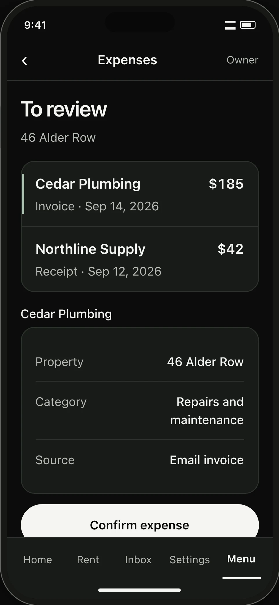 Expense review. Cedar Plumbing’s $185 invoice is selected, with its property and category visible before confirmation.