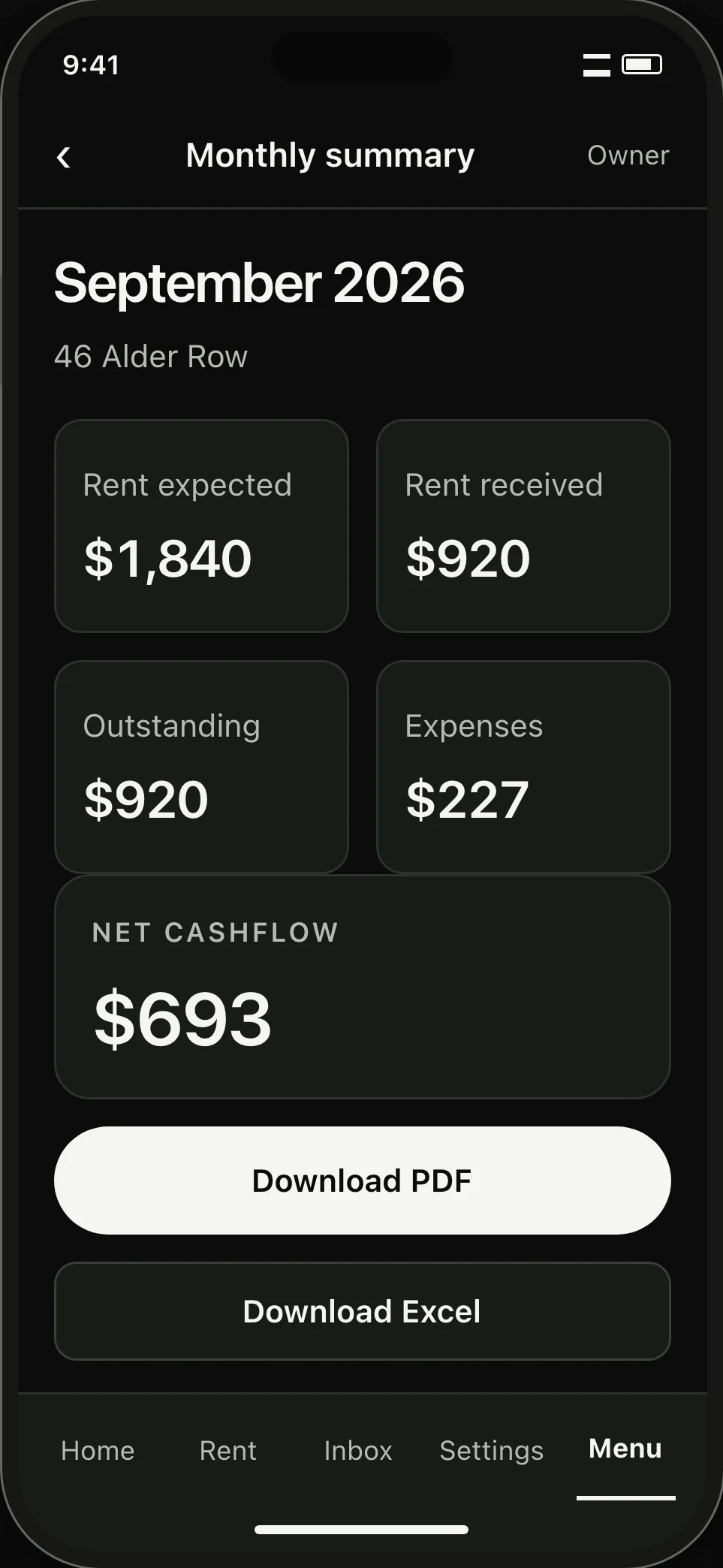 Monthly report. $920 received minus $227 in expenses gives $693 net cashflow, with another $920 outstanding.