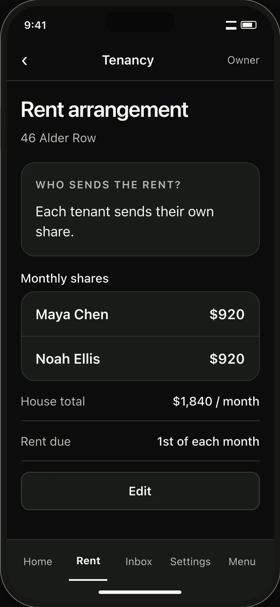 Rent arrangement. Maya and Noah each send $920, making the monthly household total $1,840.