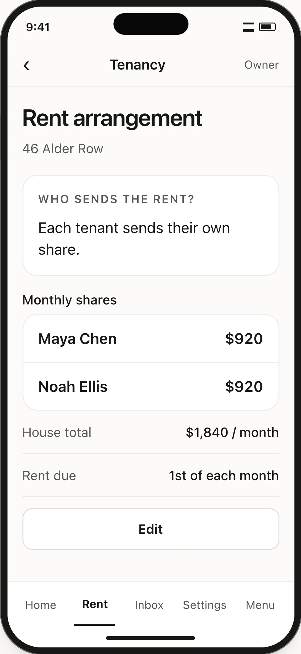 Rent arrangement. Maya and Noah each send $920, making the monthly household total $1,840.