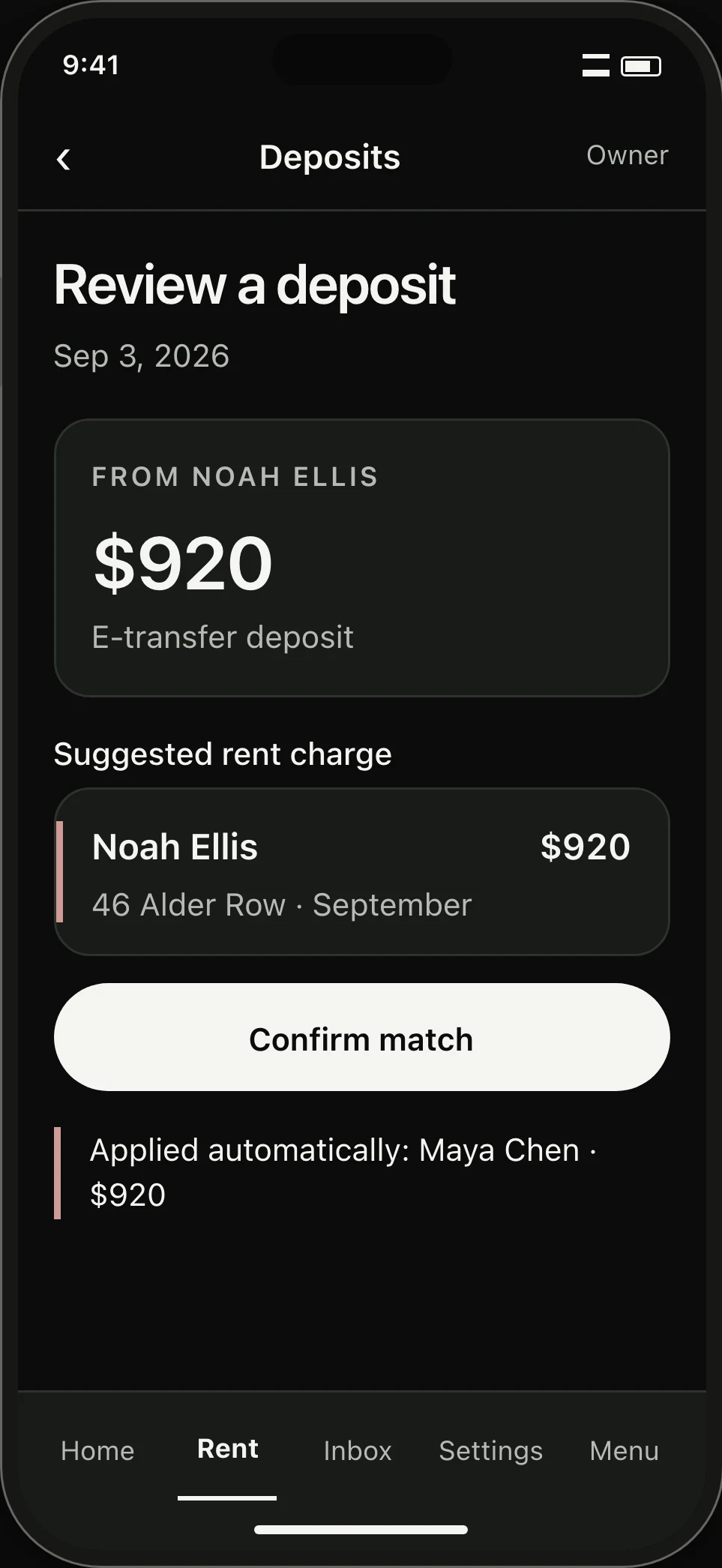 Deposit review. Noah’s transfer needs confirmation against a suggested September charge; a separate Maya transfer is already applied.