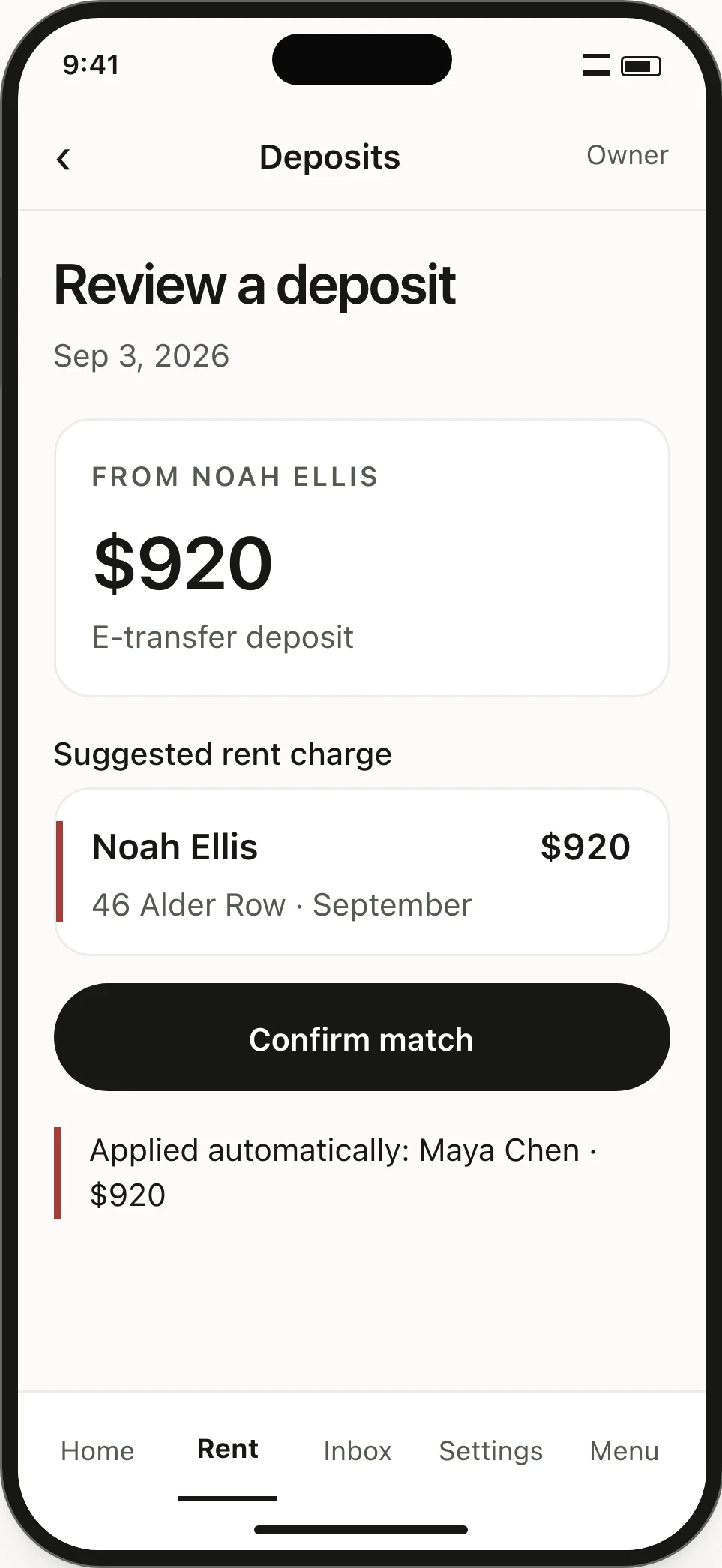 Deposit review. Noah’s transfer needs confirmation against a suggested September charge; a separate Maya transfer is already applied.