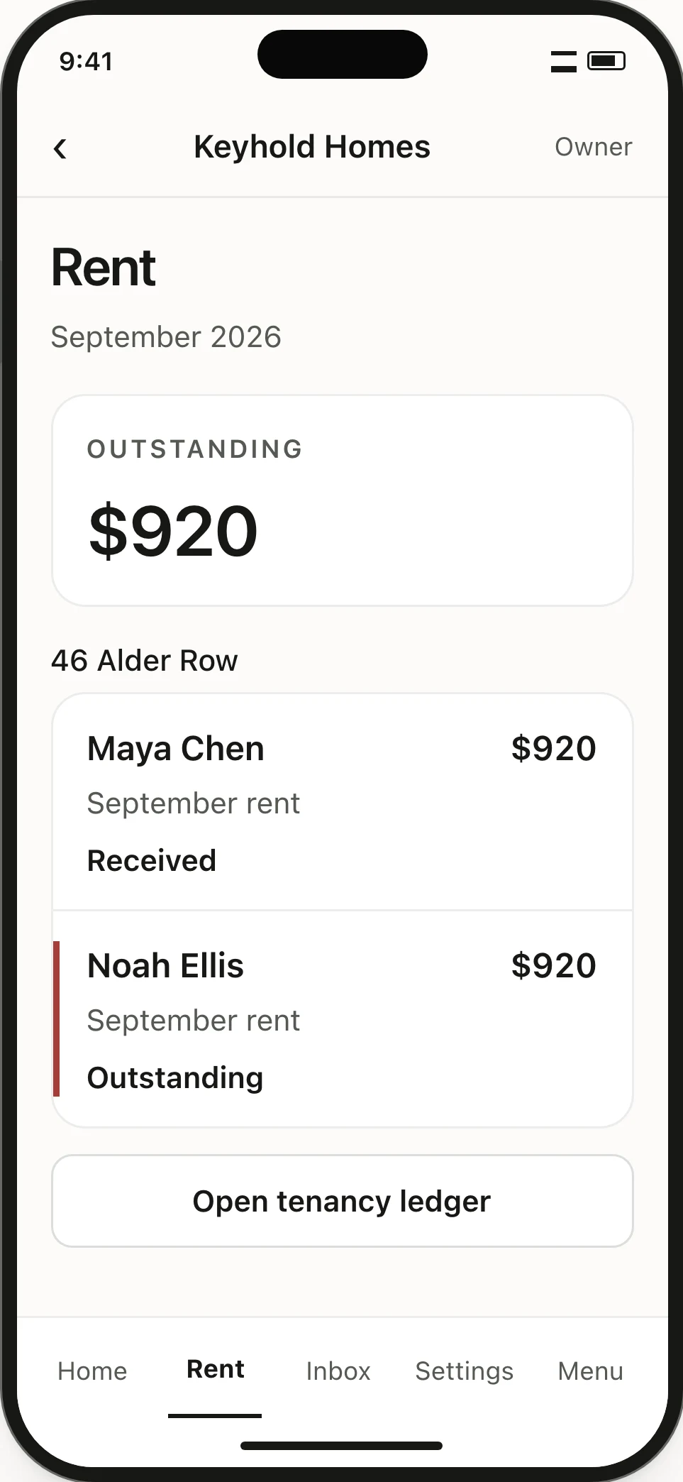 Rent for September at 46 Alder Row. Noah’s $920 is outstanding, and Open tenancy ledger sits below both payments.