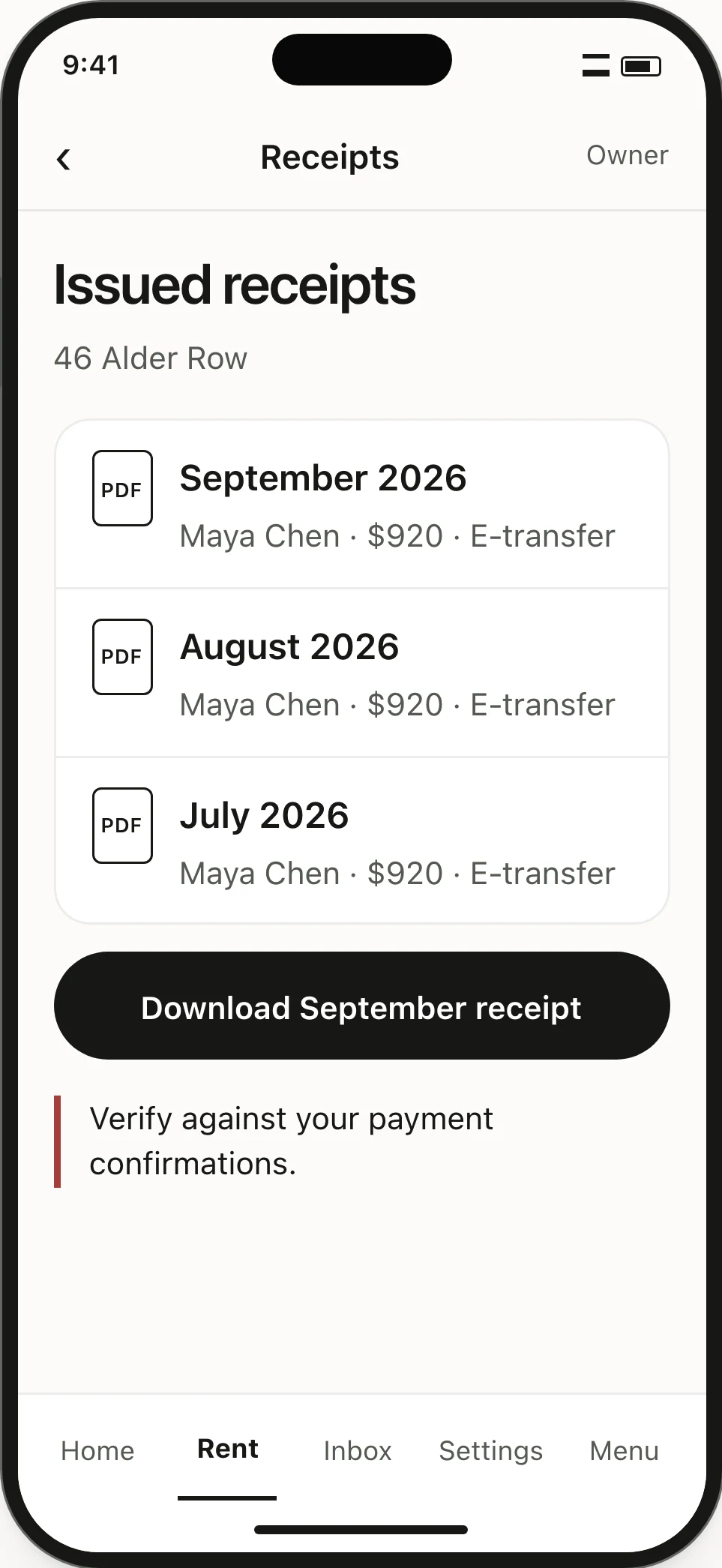 Receipt list. Maya has three monthly receipts of $920 and a PDF download for September.