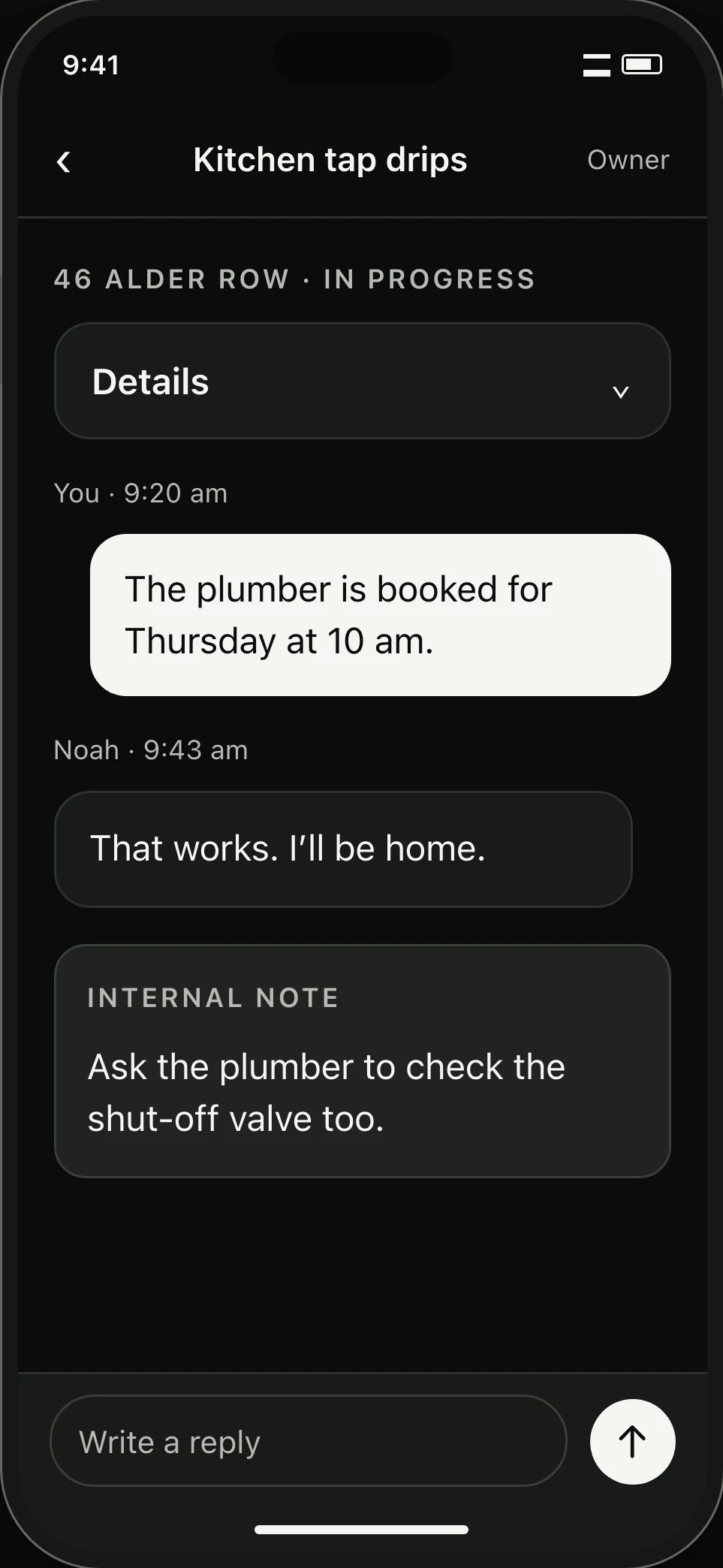 Owner repair thread. The tenant can see the visit update; a separate Internal note is visible only to the owner.
