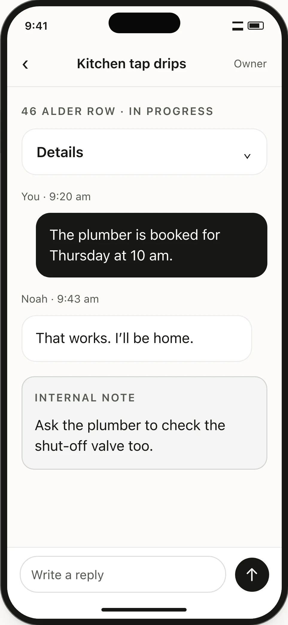 Owner repair thread. The tenant can see the visit update; a separate Internal note is visible only to the owner.