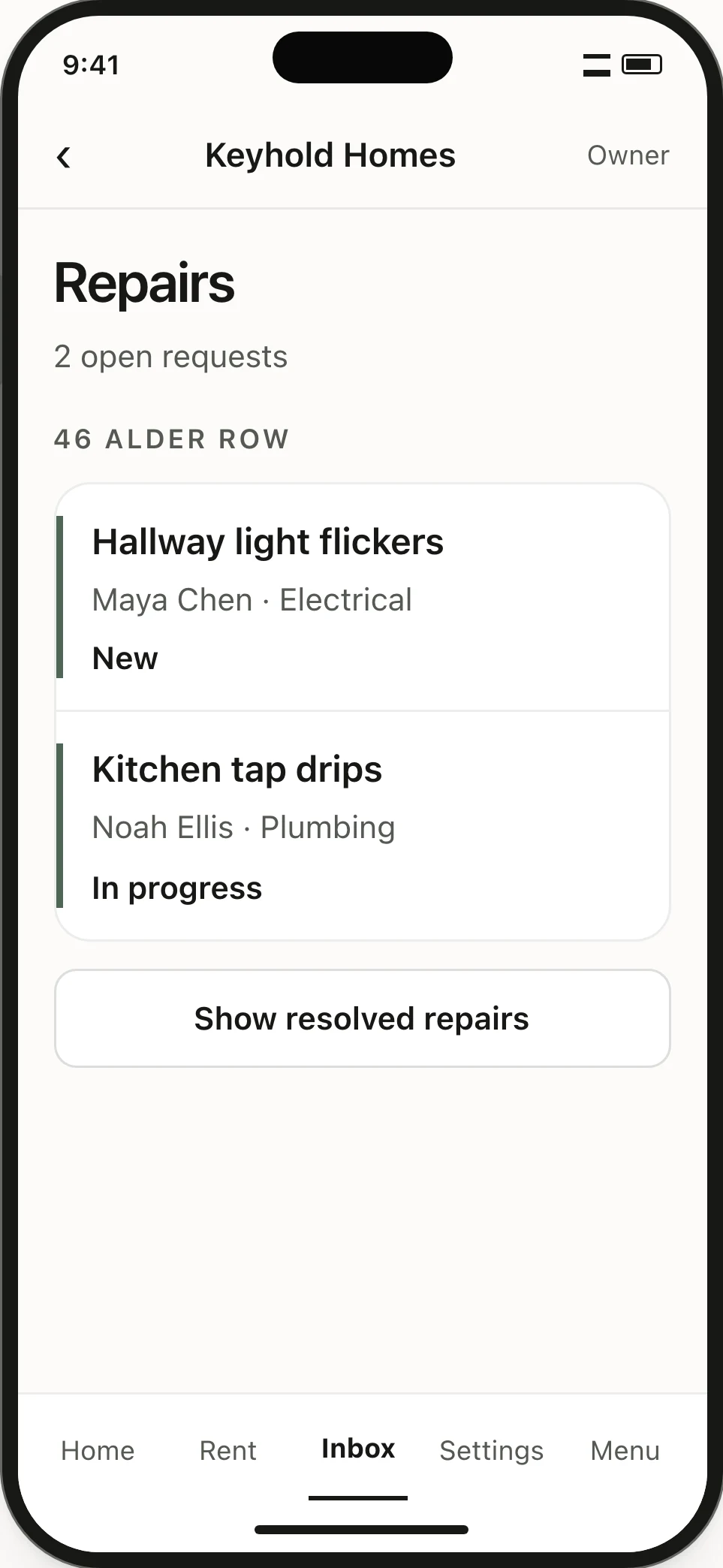 Repairs list. Two requests at one home have distinct New and In progress states.