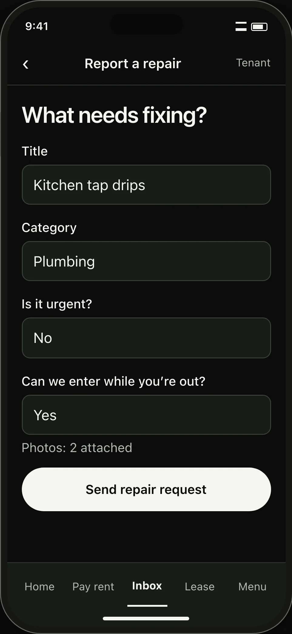 Tenant repair form. Plumbing is selected, the issue is not marked urgent, entry permission is given and two photos are attached.