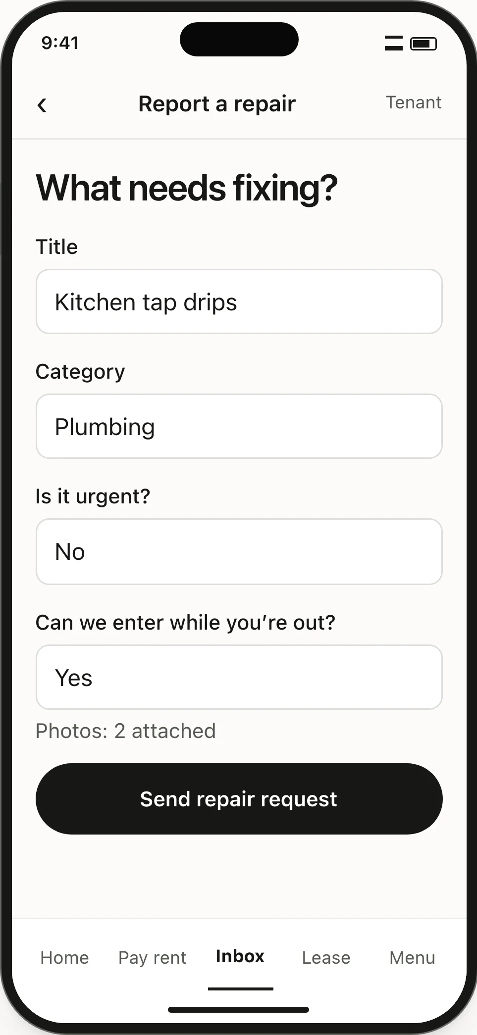 Tenant repair form. Plumbing is selected, the issue is not marked urgent, entry permission is given and two photos are attached.